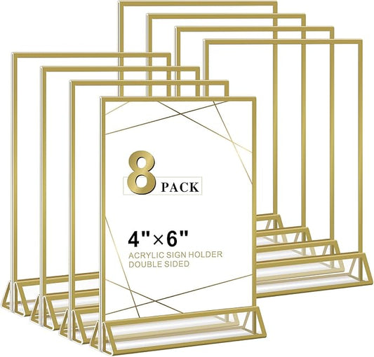 Acrylic Sign Holder 4x6 - 8 Pack Gold Picture Frame Double-Sided Table Sign Holder Vertical Display Stand Plastic Paper Holder -Vendor Booth Display Items Suitable for Wedding Office Store Party