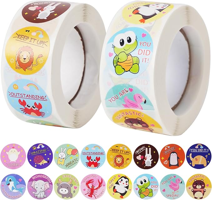 2 Rolls Reward Stickers for Kids Classroom,1000 Pieces Motivational Stickers for Teacher School Home Office and Party (16 Designs,1" in Diameter)