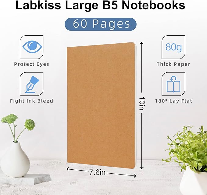 30 Pack Large B5 College Ruled Notebook & Journal Bulk, Kraft Cover, B5 Size, 7.6x10 inch, 60 Pages, Line Thick Paper, Subject Note Pad Planner Set for Women Men Kids Traveler Student Office
