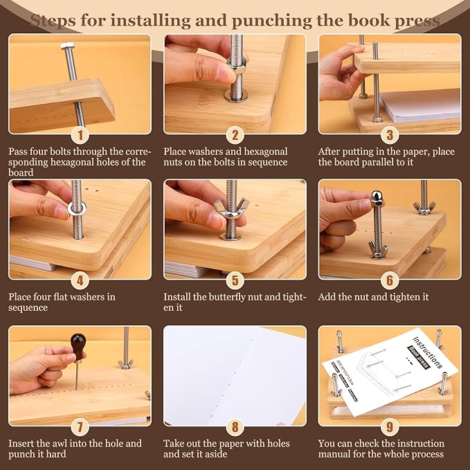 JUPEAN Bookbinding Kit, Book Making Kit, Bookbinding Punching Guide Set, 11.6”x7.9” Hole Punching Book Press Books Binding Materials with Bone Folder Awl Binding Strap for Craft DIY