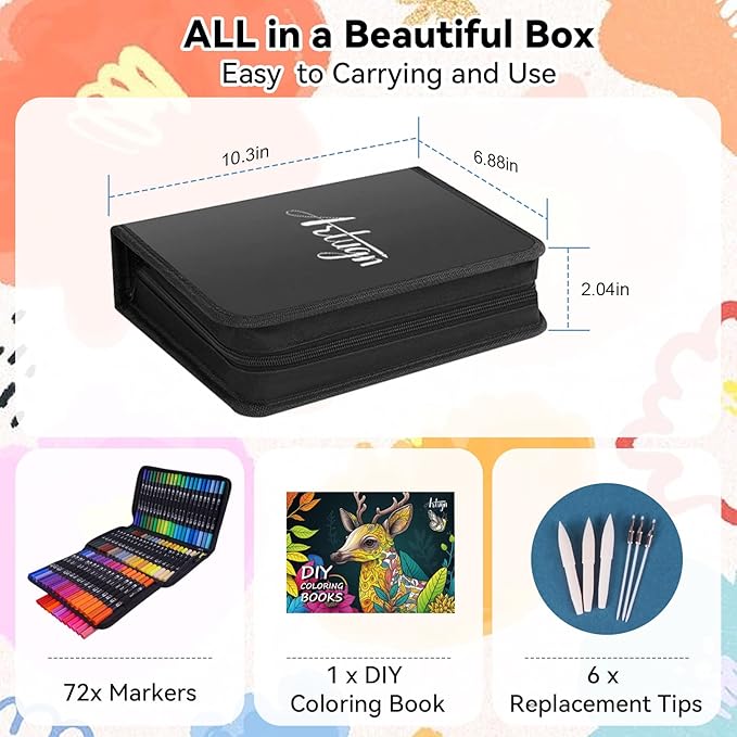 Dual Markers Brush Pens for Adult Kids Coloring Books, 72 Colors Art Marker Set with Fine & Brush Tip Pen for Bullet Journaling, Coloring, Drawing, Hand Lettering, Calligraphy, Art Supplies