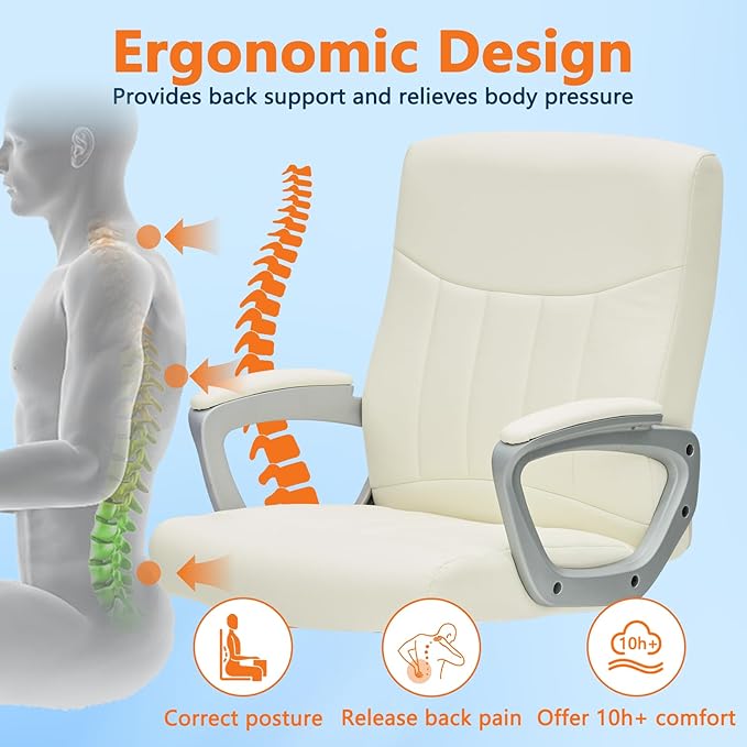 CLATINA Office Computer Desk Chair Executive Mid Back Chair Comfortable Ergonomic Managerial Chair Adjustable PU Leather Home Office Desk Chair Swivel, White 1PK