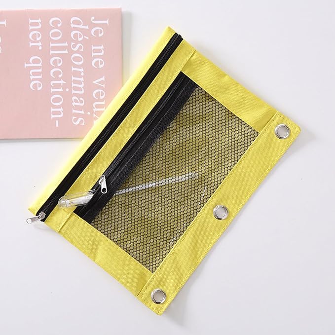 Pencil Pouch for 3 Ring Binder - 3 Hole Zipper Pen Case Bag Holder Bulk Accessories Clear Window Aesthetic Organizer Pockets (Yellow, 1)