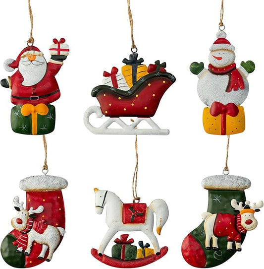 Metal Christmas Tree Ornaments 6-Pack Xmas Hanging Ornaments Santa Snowman Christmas Stocking Sleigh Ornaments for Tree Holiday Decorations, Outdoor Holiday Home Decorations