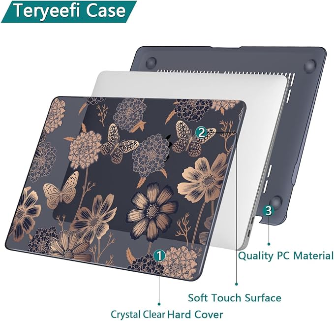Teryeefi for M1 M2 MacBook Pro 13 inch Case 2022 2020-2016 Release (Model A2338 A2289 A2251 with Touch Bar), Plastic Hard Shell Case & Keyboard Cover & Screen Protector, Gold Flowers