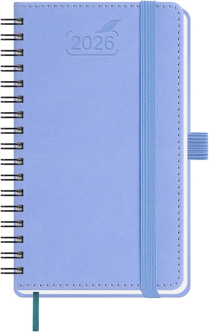 BEZEND Pocket Calendar 2026 Weekly and Monthly (3.5" x 6" Spiral) Small Daily Planner for Purse (Jan-Dec) with Notes & Expenses, Inner Pocket, Pen Holder, Vegan Leather Softcover - Cornflower