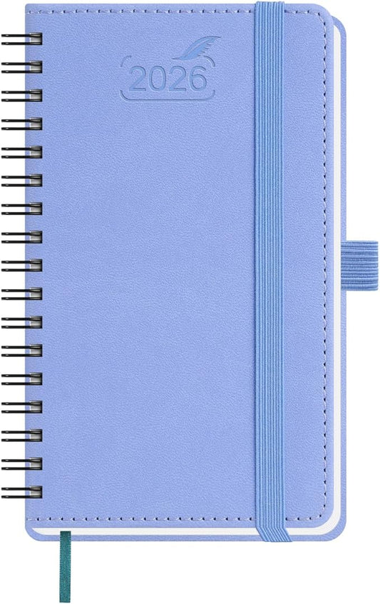 BEZEND Pocket Calendar 2026 Weekly and Monthly (3.5" x 6" Spiral) Small Daily Planner for Purse (Jan-Dec) with Notes & Expenses, Inner Pocket, Pen Holder, Vegan Leather Softcover - Cornflower