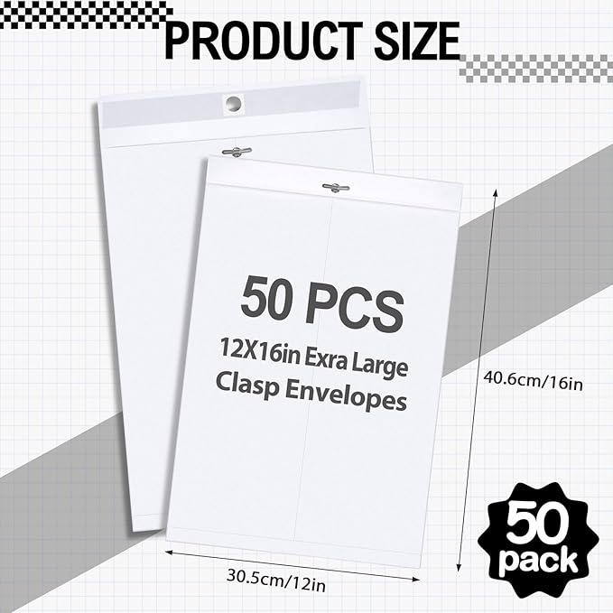 Geyee 50 Pcs 12 x 16 Inch White Manilla Clasp Envelopes Letter Size Mailing Envelopes with Clasp Closure for Filing Storing Documents Office Home Business School