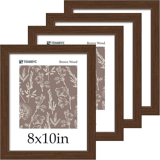 8x10 Picture Frame Set of 4, Brown Wood Grain, HD Tempered Glass, 8 x 10 Photo Frame, Table or Wall Display, Office Decoration