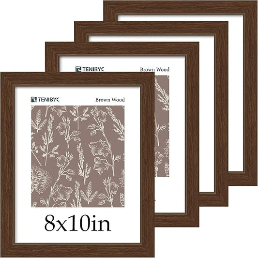 8x10 Picture Frame Set of 4, Brown Wood Grain, HD Tempered Glass, 8 x 10 Photo Frame, Table or Wall Display, Office Decoration
