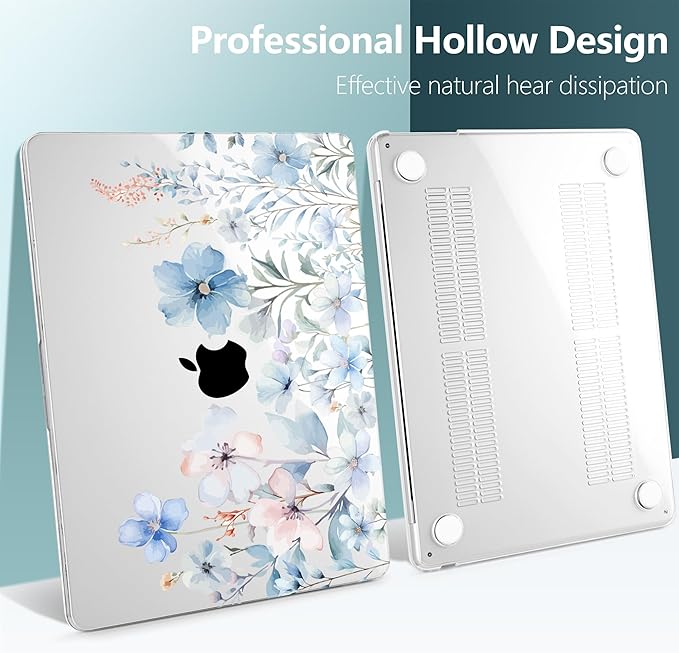 DONGKE Compatible with M4 MacBook Air 15 inch Case 2025 2024 2023 A3241 A3114 A2941 M3 M2 Liquid Retina Display Touch ID, Plastic Hard Case & Keyboard Skin & Screen Protector - Blue Flowers
