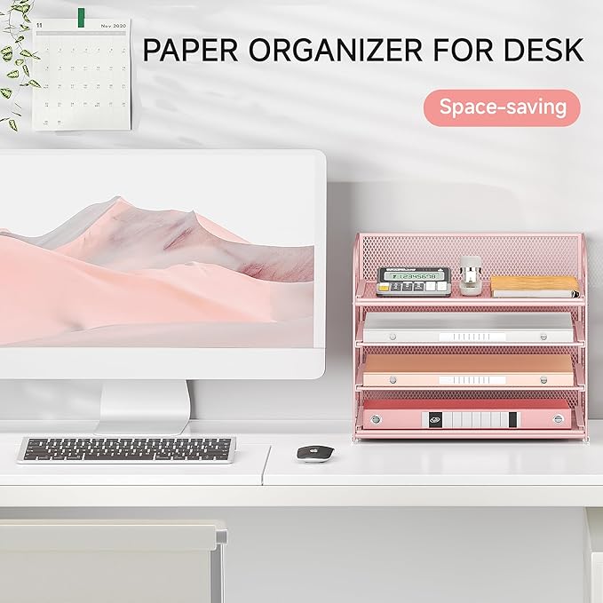 4-Tier Paper Organizer for Desk With Handle, Mesh Desktop File Tray, Office Classroom Organization and Storage - Pink