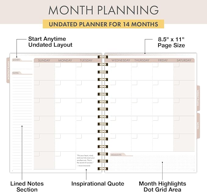 ESSENTIAL PRO Undated Daily, Weekly & Monthly Planner,Monthly Tabs,Daily Tracking,Notes Pages,Storage Pocket,Bookmark w Sticky Notes (Tree Seasons)