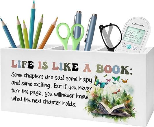 Inspirational Pencil Pen Holder for Desk, Life Is Like A Book Wooden Pencil Holder Organizer for Home Office Library Desk Accessories, Encouragement Gifts for Women
