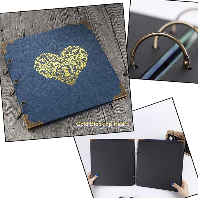 Photo Album DIY Scrapbook (10x10 inch 50 Pages Double Sided) Vintage Hardcover Three-Ring Binder Picture Booth Albums with 6 Colors 408pcs Self Adhesive Photos Corners for Memory Keep (Blue)