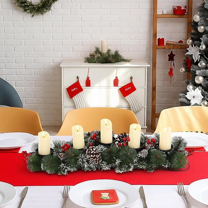 Yungyan Christmas Tabletop Centerpiece 30 Inch, Includes 5 Battery Operated LED Candle Holders, Red Berries, Pine Cones and Base, Christmas Artificial Dinner Table Decorations