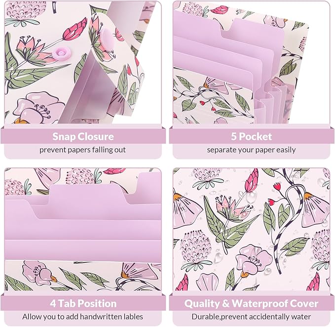 SKYDUE Expanding File Folder with 5 Pockets, Accordion File Organizer,Portable Receipt Paper Documents Organizer,Letter Size Filing Folder School Office Supplies,Light Purple