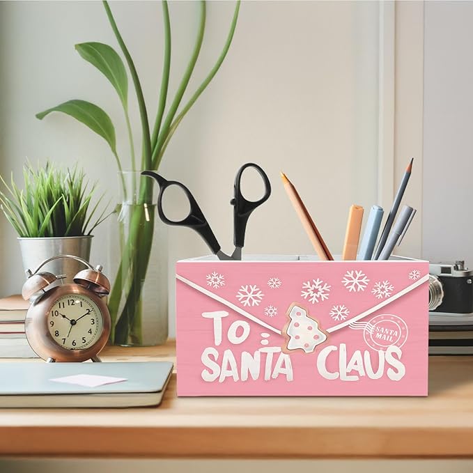 Pink Christmas Winter Pen Holder for Desk, Letter to Santa Claus Wooden Box Sign Desk Decor for Home Office Decoration, Preppy Xmas Pencil Organizer, Pink Christmas Room Decor