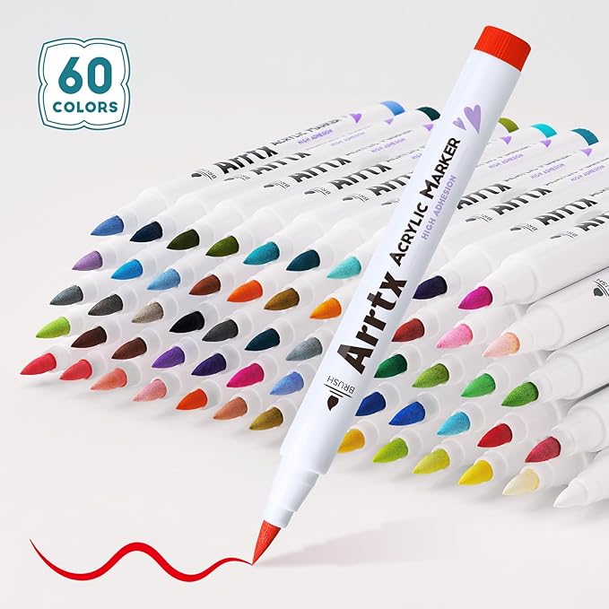 Arrtx 60 Colors Acrylic Paint Pens, Paint Markers Pens, for Artists Adults Coloring Drawing Scenery Landscape Natural- Brush Tip for Rock Painting, Wood, Canvas, DIY Crafts Making Art Supplies-60C