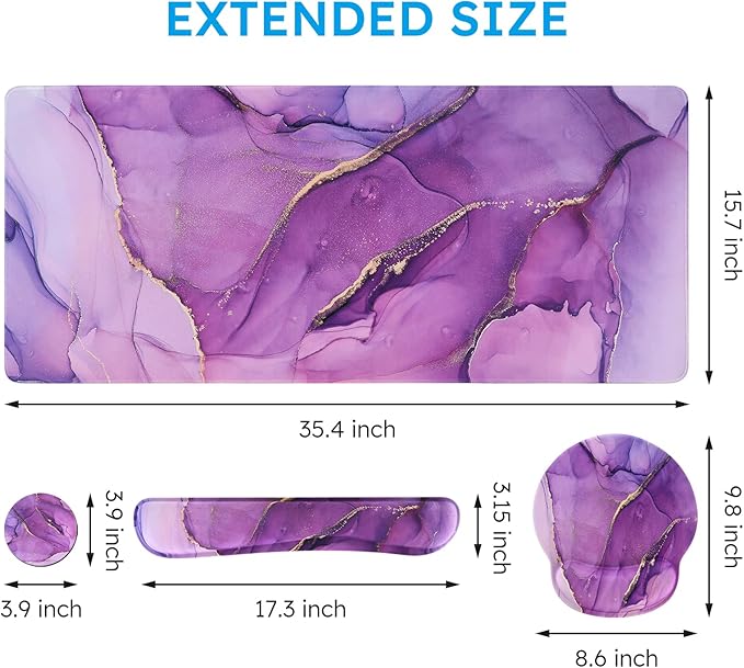 iCasso Purple Ergonomic Large Mouse Pad with Wrist Support, 4in1 XXL Desk Mat Set- Keyboard Wrist Rest + Mouse Wrist Rest + Coaster, Marble Style Desk Pad Mousepad