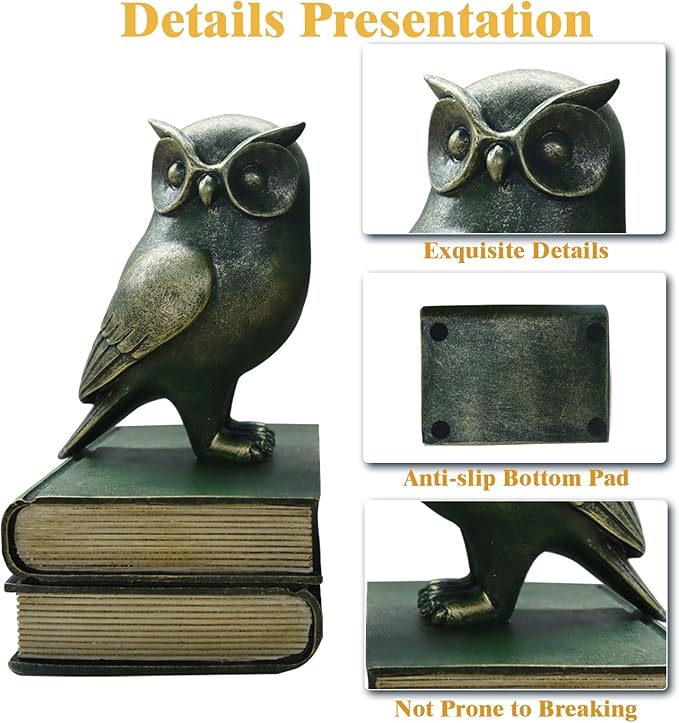 Dosker Book Ends for Shelves,Owl Decorative Bookends,Cute Animal Book Holders for Kids Rooms,Offices and Bedrooms(Retro Bronze)