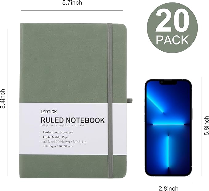 20 Pack Journals for Writing College Ruled Notebooks Journal in Bulk, Hardcover Notebooks (200Pages) for Note Talking, Lined Bullet Journals for Home School Office, 5.7"x8.4", Olive Green