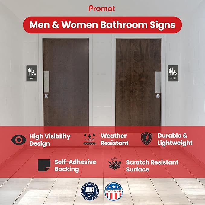 Promot Men and Women Handicap Restroom Sign – ADA Braille Bathroom Sign for Business, Self-Adhesive, 9" x 6", Commercial Door Signage, Office Wall Decor - Grey