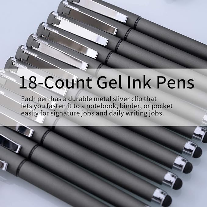 MiSiBao 0.5mm Black Ink Gel Ink Rollerball Pens 2 in 1 Medium Point Pens with Stylus Work Pen Smooth Writing for Office (Black Ink 18-pack 0.5mm Grey)