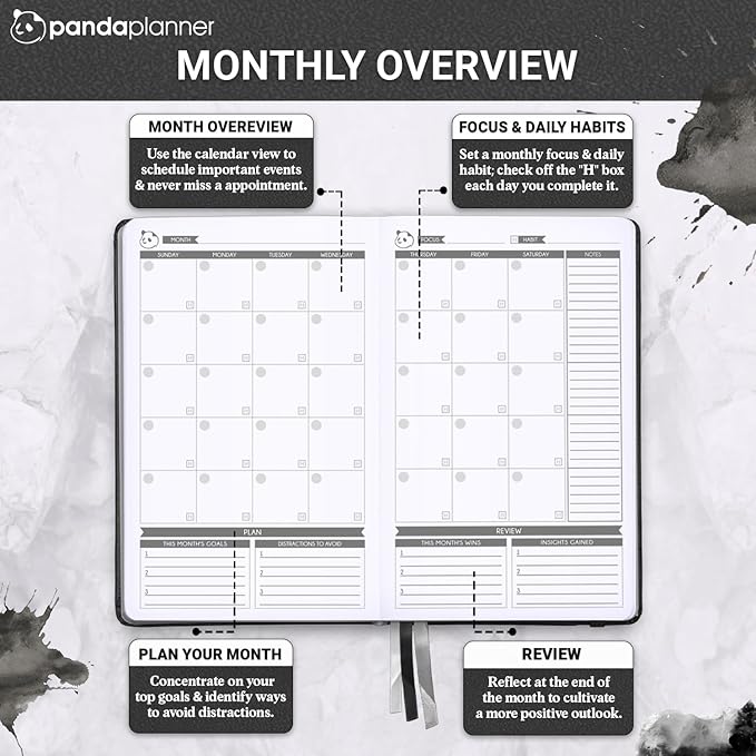 Panda Planner Classic A5 Daily Planner 2026 – Undated Quarterly & Productivity Planner with Hourly Schedule, To Do List, Daily Journal, Goal Planner, Habit Tracker & Gratitude Organizer – Black
