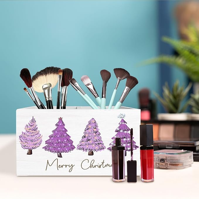 Purple Christmas Tree Pen Holder for Desk, Merry Christmas Holiday Winter Wooden Box Sign Desk Decor for Home Office Decoration, Glitter Xmas Tree Pencil Organizer