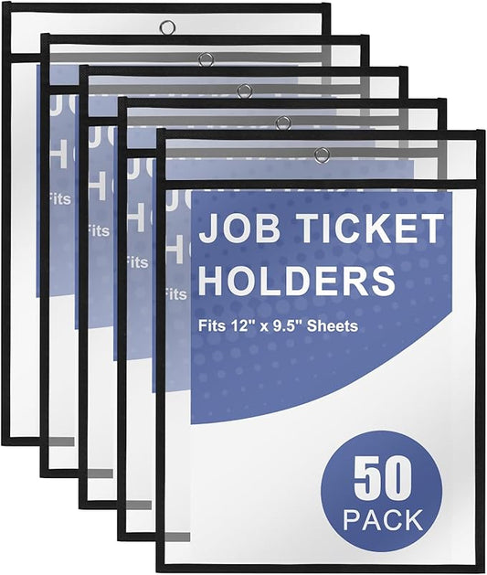 Heavy Duty Dry Erase Pockets 9x12, Job Ticket Holders 50 Pack Plastic Paper Sleeves Sheet Protectors 8.5 x 11 Clear Document Sleeves for Shop Office Classroom Home, Black