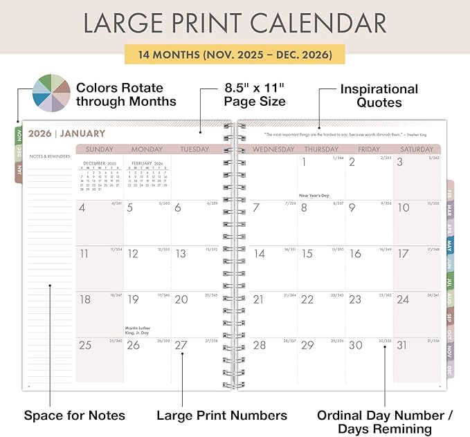 Essential PRO 2026 Daily, Weekly & Monthly Planner, 8.5"x11": 14 Months (Nov 2025 - Dec 2026) Monthly Tabs,Daily Tracking,Notes Pages,Storage Pocket,Bookmark w Sticky Notes (Tree Seasons)