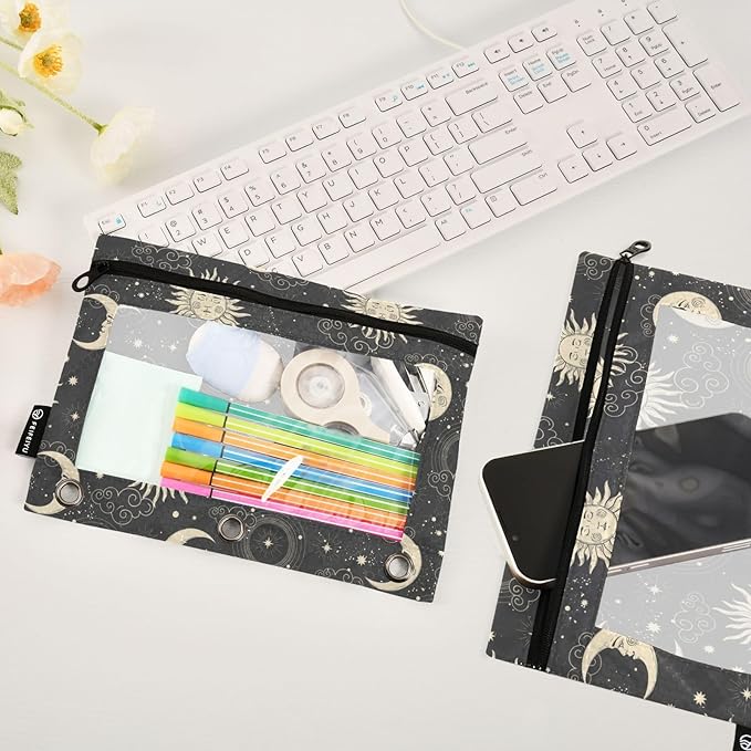 ZAZYXTJ Sun Binder Pencil Pouchs 3 Ring with Zipper Clear Window Office Organizers bag for School Students Teacher Supplies 2 Pack