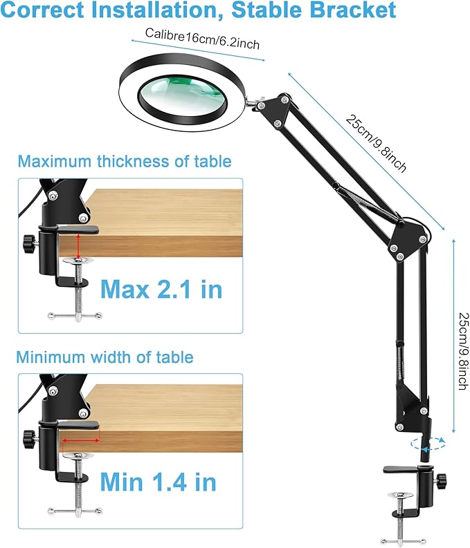 10X Magnifier Desk Lamp, 2-in-1 LED Magnifying Glass with Light and Clamp, Hands-Free Lighted Magnifier with 3 Color Modes for Craft Hobby Nail Repair Reading Close Works (Black, Clamp)