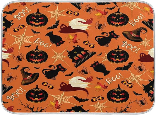 Happy Halloween Pumpkins Spooky Dish Drying Mat for Kitchen Counter 16 x 18 Inch Spider Web Cat Absorbent Microfiber Dry Dishes Mats Drainer Mat Dish Drying Pad for Countertops Decor