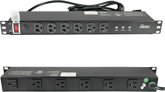 Tecmojo 1U Rackmount Network-Grade PDU Surge Protector Power Strip, 12 Outlets (6 Front, 6 Rear Wide Spaced) 12A 6ft Cord with 5-15P Lug - Black, UL Certified