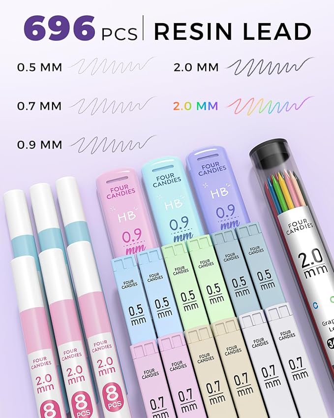 Four Candies 42PCS Aesthetic School Supplies, Mechanical Pencil Set 0.5mm, 0.7mm, 0.9mm, 2.0mm with 696 Lead Refills, Pastel Mechanical Pencils for Writing, Drawing & Drafting (Cream)