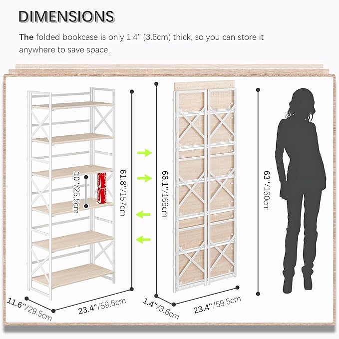 4NM 6 Tiers No Assembly Book Shelves, 61.8" H Folding Bookshelf Bookcase Open Industrial Foldable Shelves for Bedroom, Living Room, Home Office - Natural White