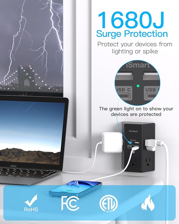 Surge Protector, 5 Outlets Extender with 4 USB Ports(USB C), 3-Side 1680J Power Strip Multi Plug Outlet Expander, USB Wall Charger, Outlet Splitter Adapter Wall Mount for Home Office ETL Listed（Black）