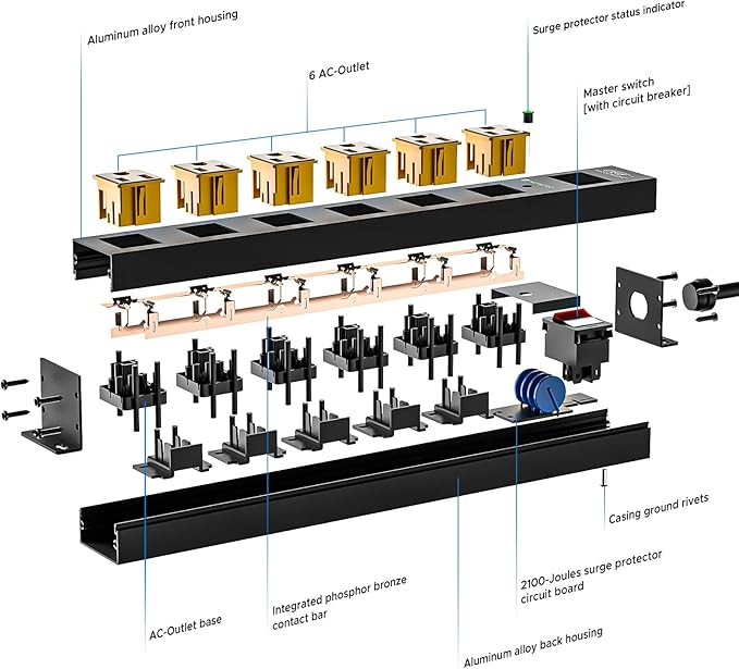 CRST 6 Outlet Surge Protector Power Strip 2100J with Switch, 15A/1875W Metal Heavy Duty Power Strip, Wide Spaced Wall Mount Power Bar for Garage Worshop Home School, 6 FT Cord（ Black+Yellow）