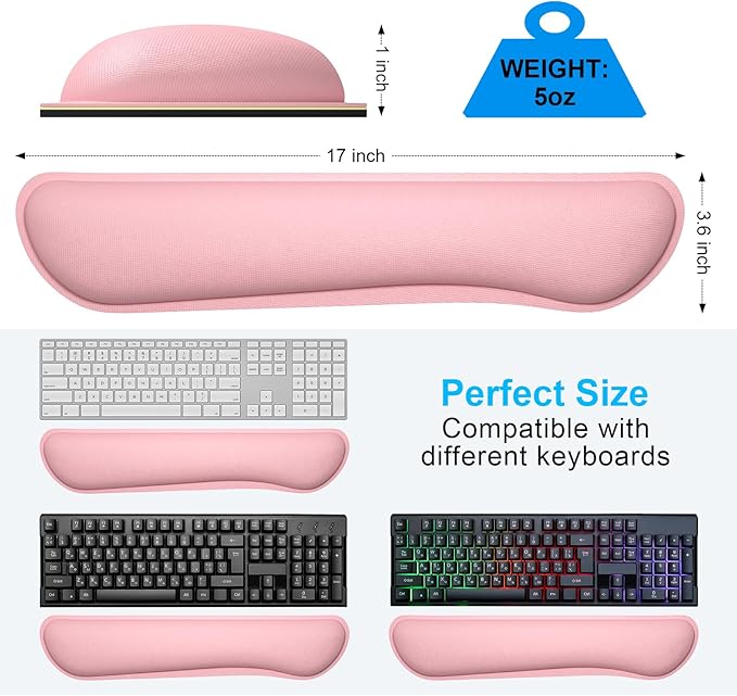 Dapesuom Enlarge Keyboard Wrist Rest, Memory Foam Keyboard Wrist Cushion for Computer Desk Mats Support, Typing Pain Relief Ergonomic Mouse Pad Rests with Non-Slip Base for Gaming, Laptop, Rose Pink