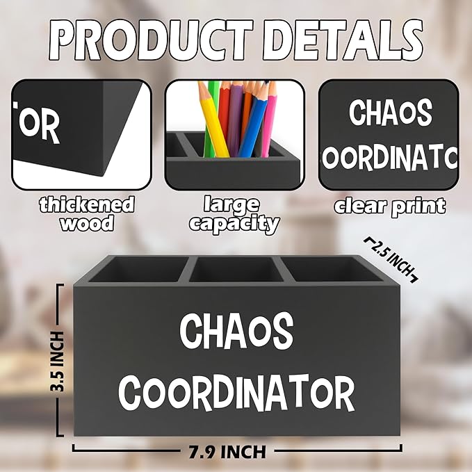 Chaos Coordinator Black Pen Pencil Holder Organizer for Desk, Thank You Gifts for Women Men Coworkers Boss Leader Manager, Appreciation Gifts Wooden Box Sign for Office Tabletop Decorations