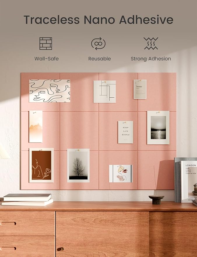 Bumusty Large Cork Board 47"x35" Alternative - 12 Pack Felt Wall Tiles with 70 Safe Removable Adhesive Tabs, 30 Pushpins, Cork Boards for Walls Pin Board Bulletin Board Office Decor (Pink)