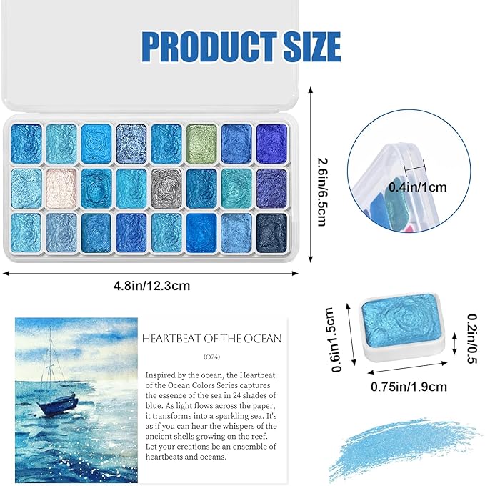 Mini Glitter Watercolor Paint Set with Paper, 24 Colors Shimmer Metallic Watercolour Painting Sets, Solid Pearl Water Color Paints for Adult, Kids, Blue 1ml Trial Pack(Heartbeat of the Ocean)