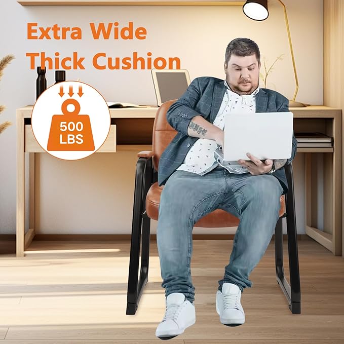 CLATINA Big & Tall 500 lb Waiting Room Chairs with Padded Armrests and Sled Base, Leather Stationary No Wheels Office Guest Chair for Reception Lobby Home and Meeting Conference, Brown （6 Pack）