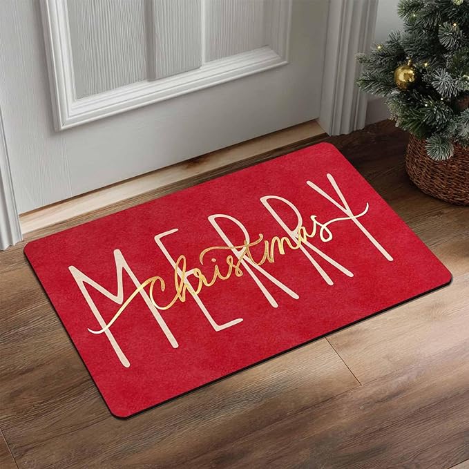 Christmas Door Mat Entrance Front Porch Rugs Red Gold Merry Christmas Doormat Non-Slip Rug Welcome Mat for Entrance Indoor Home Bathroom Floor Decoration, 16" x 24" Inch