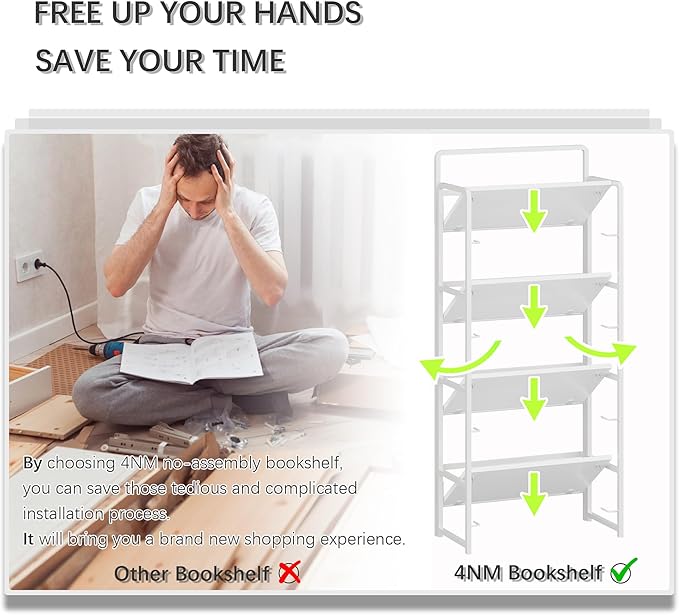 4NM No Assembly Folding Bookshelf, 4-Shelf 54" H Collapsible Foldable Bookcase Storage for Small Spaces, All White
