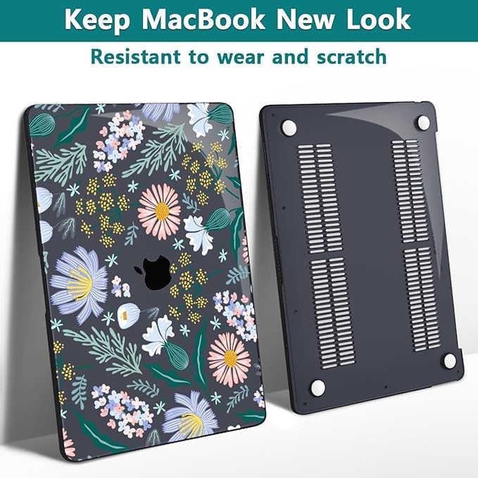 Teryeefi for MacBook Pro 13 inch Case 2024,2022-2016 Release Model M2 M1 A2338 A2289 A2251 A2159 A1989 A1706 with Touch Bar, Design Hard Shell Cover with Keyboard Cover, Elegant Flowers Leaves