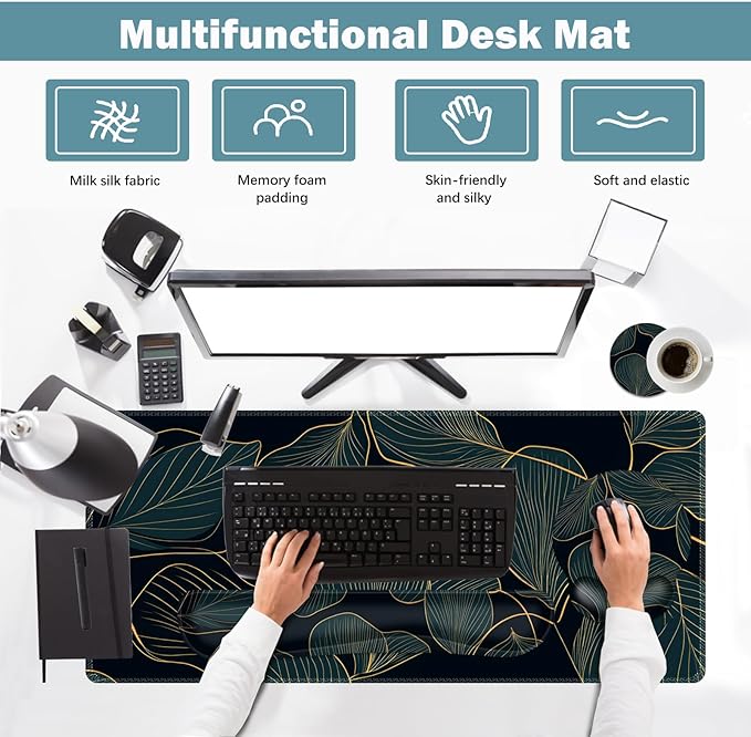 ARTSO Desk Mat Set, Large Gaming Mouse Pad Wrist Support, Keyboard Wrist Rest Ergonomic Desk Pad with Coaster Combo, Extended Mousepad with Non-Slip, Art Tropical Leaves