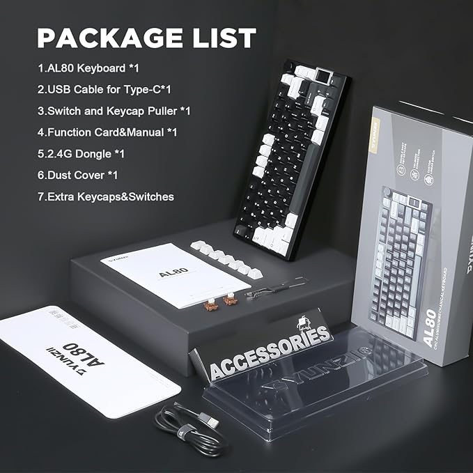 YUNZII AL80 Wireless Mechanical Keyboard,Full Aluminum CNC, Smart LCD Display,Hot Swappable Gasket Mount 75% Layout with Knob,BT/2.4G/USB-C,QMK/VIA Support for Win/Mac (Black, Gateron Zero Switch)
